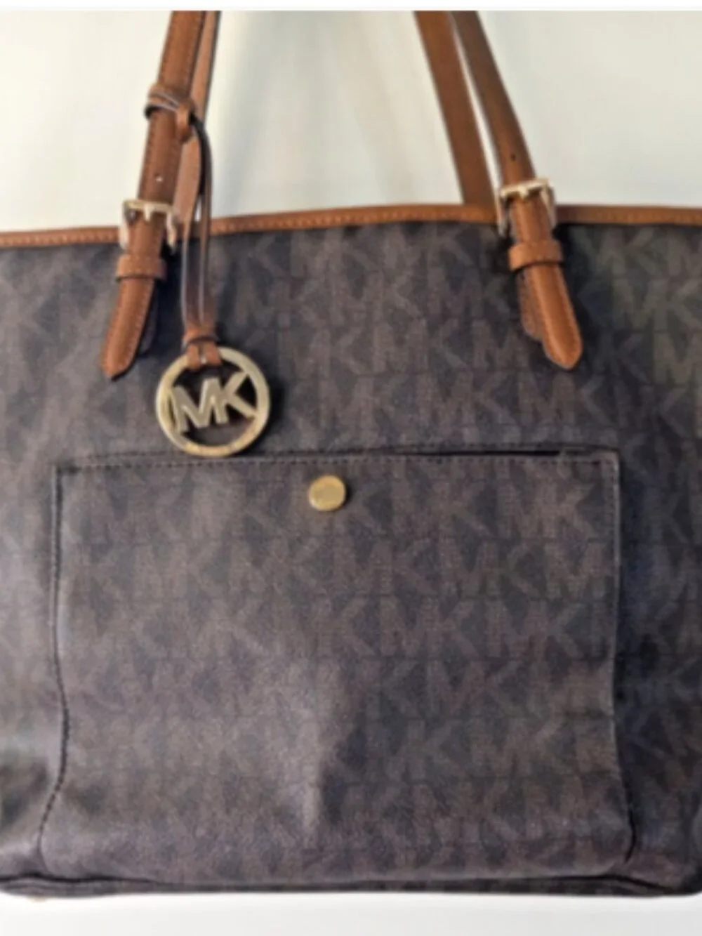 Michael Kors Large Tote Bag Brown MK Signature Logo Gold Charm Zip Top Purse